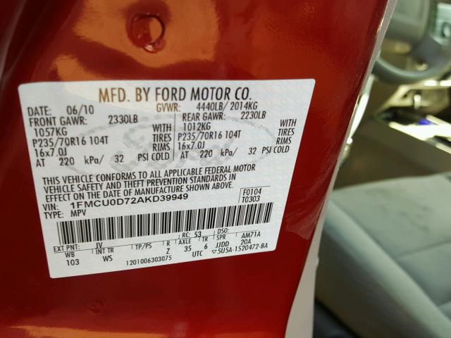 1FMCU0D72AKD39949 - 2010 FORD ESCAPE XLT RED photo 10