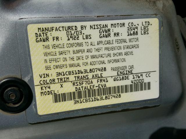 3N1CB51D63L807428 - 2003 NISSAN SENTRA XE GRAY photo 10