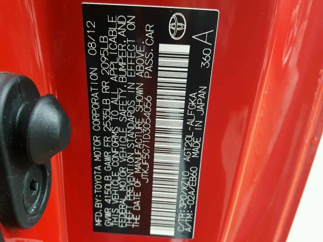 JTKJF5C71D3054056 - 2013 TOYOTA SCION TC 红色 照片 10