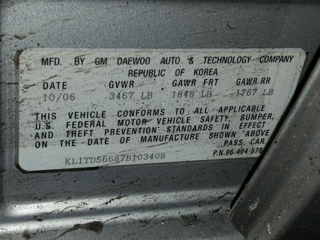 KL1TD56687B103408 - 2007 CHEVROLET AVEO BASE Srebrny zdjęcie 10