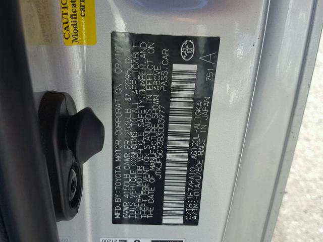 JTKJF5C73B3003977 - 2011 TOYOTA SCION TC 银色 照片 10