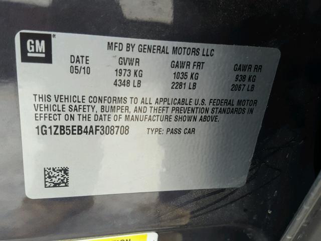 1G1ZB5EB4AF308708 - 2010 CHEVROLET MALIBU LS CHARCOAL photo 10