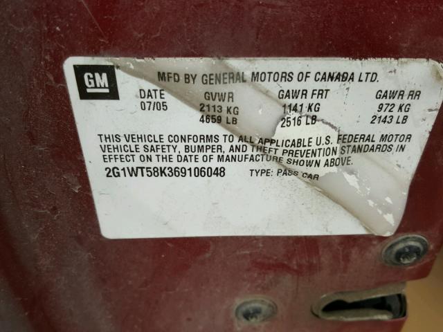 2G1WT58K369106048 - 2006 CHEVROLET IMPALA LT RED photo 10