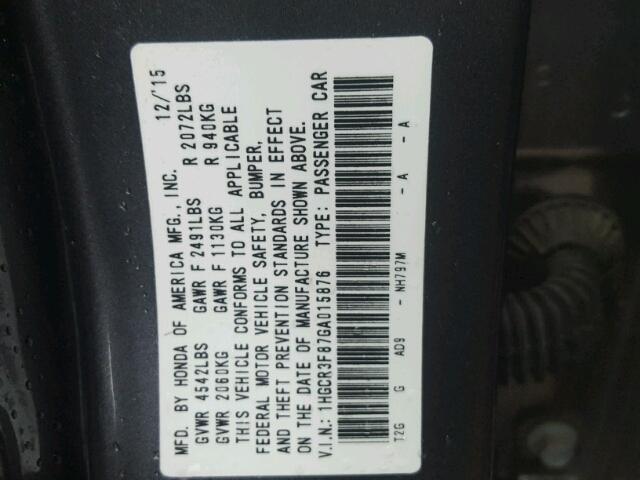 1HGCR3F87GA015876 - 2016 HONDA ACCORD EXL SILVER photo 10