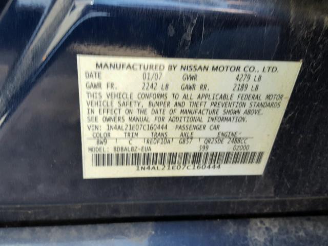 1N4AL21E07C160444 - 2007 NISSAN ALTIMA 2.5 GREEN photo 10