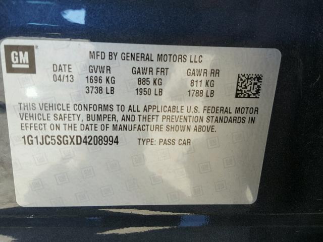 1G1JC5SGXD4208994 - 2013 CHEVROLET SONIC LT GRAY photo 10