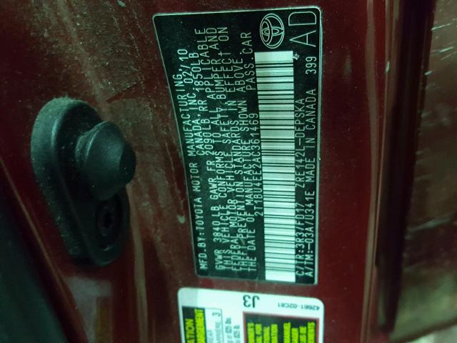 2T1BU4EE2AC361469 - 2010 TOYOTA COROLLA BA RED photo 10