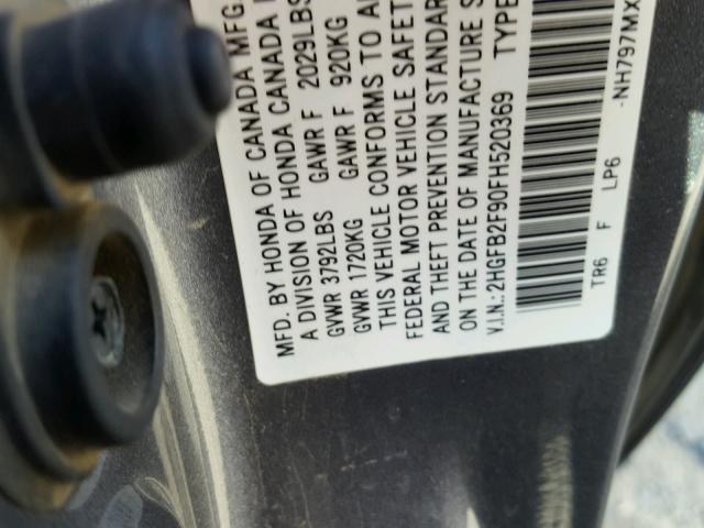 2HGFB2F90FH520369 - 2015 HONDA CIVIC EXL GRAY photo 10