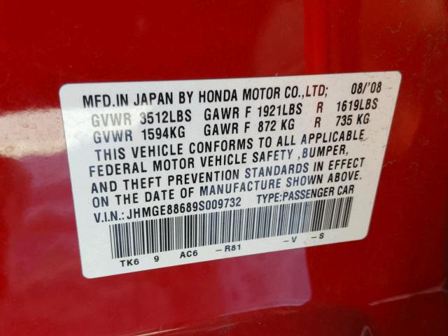 JHMGE88689S009732 - 2009 HONDA FIT SPORT RED photo 10