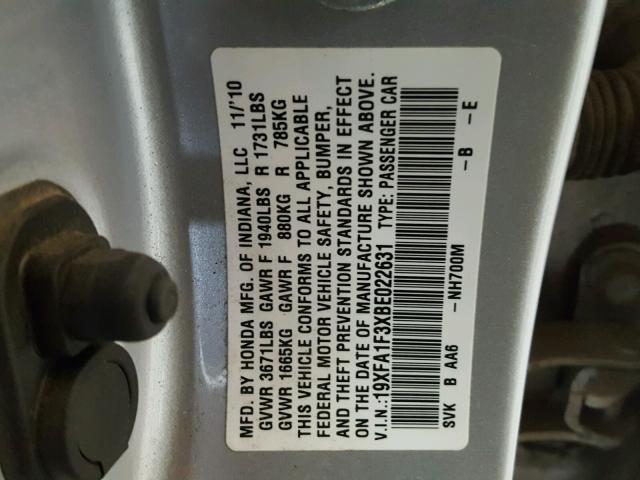 19XFA1F3XBE022631 - 2011 HONDA CIVIC VP SILVER photo 10