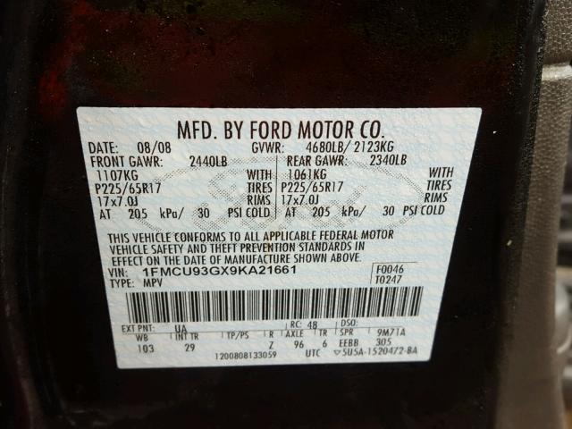 1FMCU93GX9KA21661 - 2009 FORD ESCAPE XLT BLACK photo 10