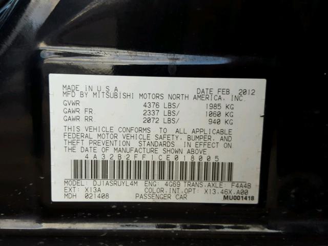 4A32B2FF1CE018005 - 2012 MITSUBISHI GALANT FE BLACK photo 10