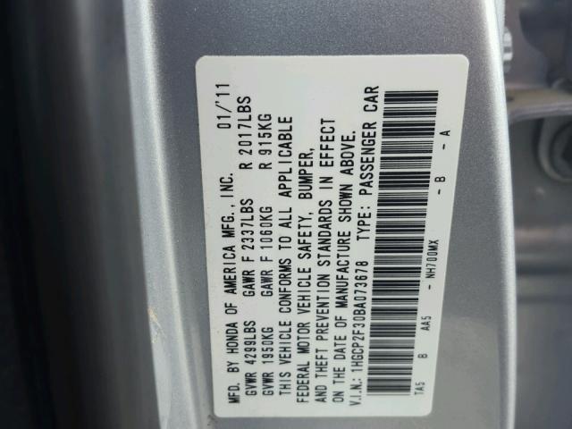 1HGCP2F30BA073678 - 2011 HONDA ACCORD LX SILVER photo 10