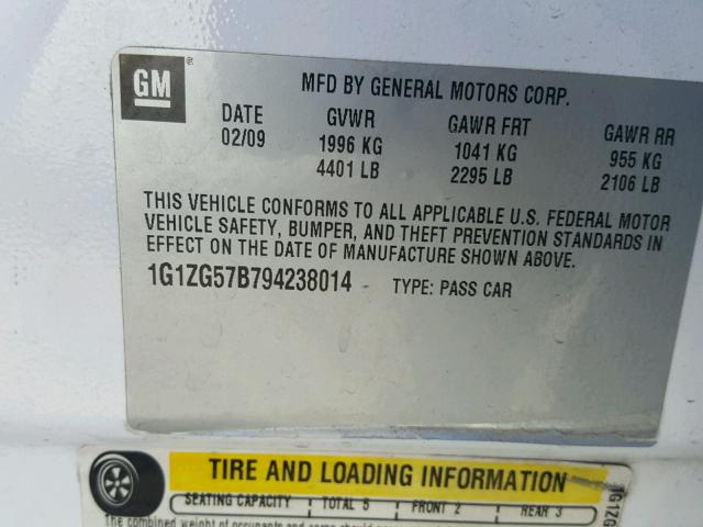 1G1ZG57B794238014 - 2009 CHEVROLET MALIBU LS 白色 照片 10