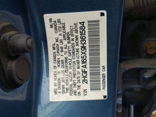 2HGFA165X9H361584 - 2009 HONDA CIVIC LX BLUE photo 10