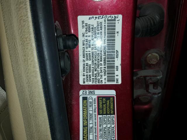 1HGFA16886L040295 - 2006 HONDA CIVIC EX ბურგუნდია ფოტო 10