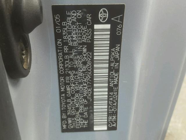 JTKDE177950038922 - 2005 TOYOTA SCION TC 银色 照片 10