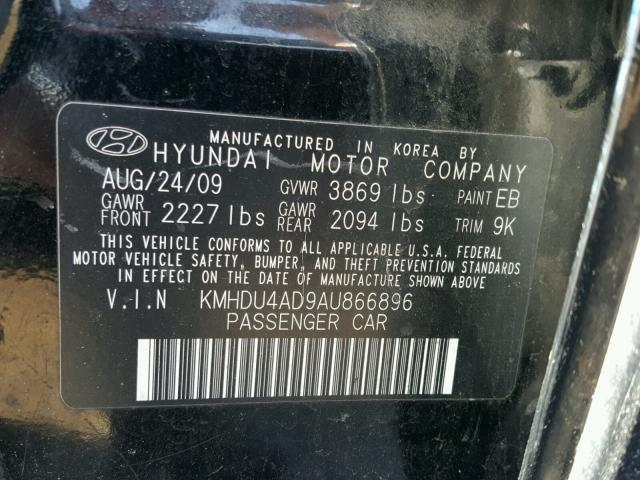 KMHDU4AD9AU866896 - 2010 HYUNDAI ELANTRA BL BLACK photo 10