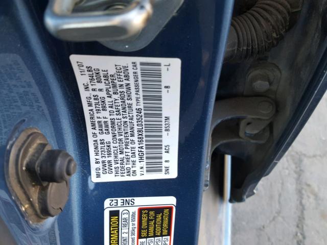 1HGFA168X8L035246 - 2008 HONDA CIVIC EX ლურჯი ფოტო 10