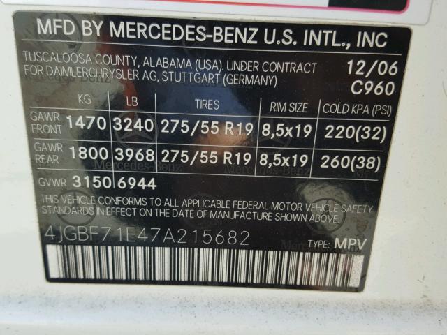 4JGBF71E47A215682 - 2007 MERCEDES-BENZ GL 450 4MA WHITE photo 10