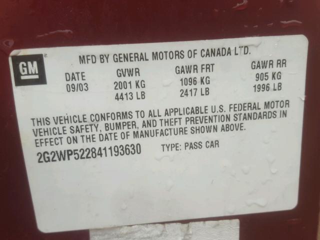 2G2WP522841193630 - 2004 PONTIAC GRAND PRIX Tünd qırmızı foto 10