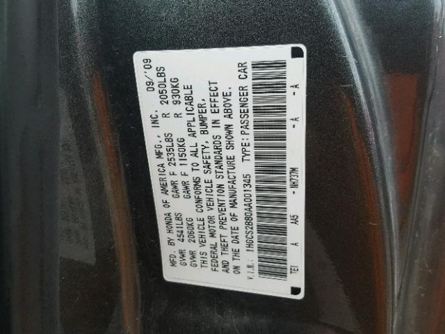 1HGCS2B80AA001345 - 2010 HONDA ACCORD EXL GRAY photo 10