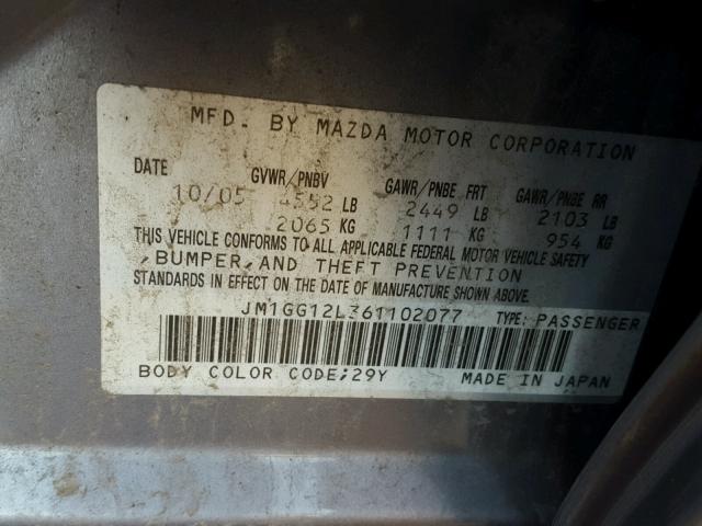 JM1GG12L361102077 - 2006 MAZDA SPEED 6 GRAY photo 10