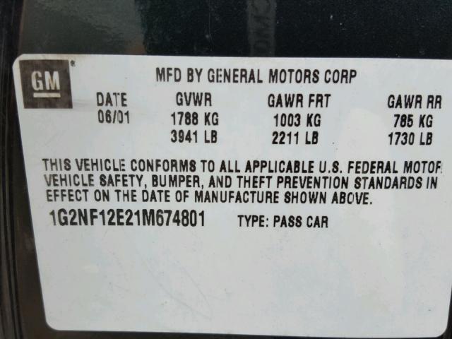 1G2NF12E21M674801 - 2001 PONTIAC GRAND AM S მწვანე ფოტო 10