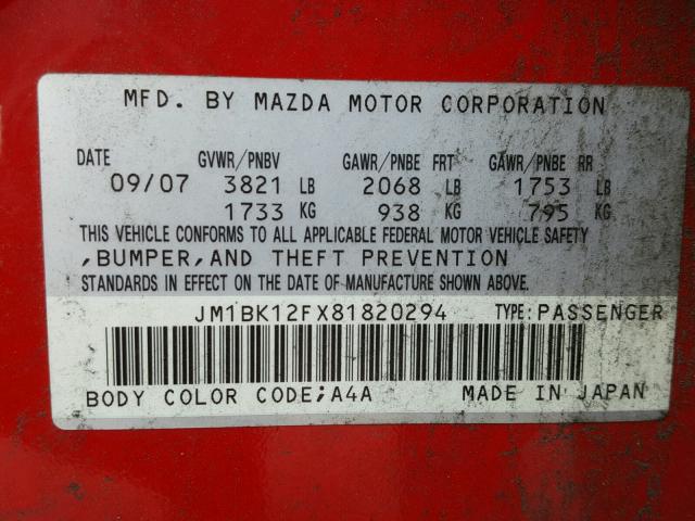 JM1BK12FX81820294 - 2008 MAZDA 3 I RED photo 10