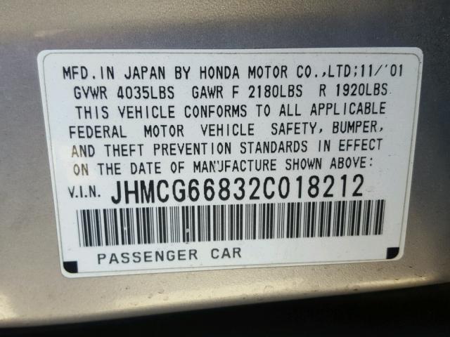 JHMCG66832C018212 - 2002 HONDA ACCORD EX SILVER photo 10