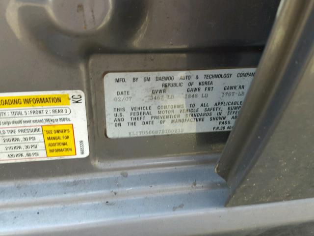 KL1TD56687B150213 - 2007 CHEVROLET AVEO BASE Gri fotoğraf 10