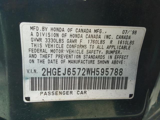 2HGEJ6572WH595788 - 1998 HONDA CIVIC LX GREEN photo 10