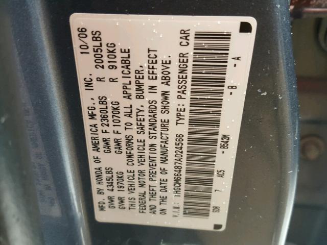 1HGCM66487A024566 - 2007 HONDA ACCORD SE BLUE photo 10