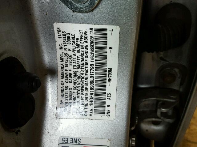 1HGFA16909L017798 - 2009 HONDA CIVIC EXL 银色 照片 10