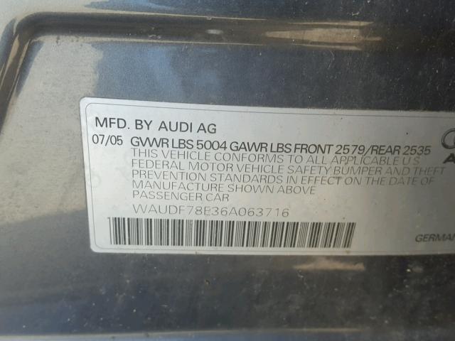 WAUDF78E36A063716 - 2006 AUDI A4 2.0T QU GRAY photo 10