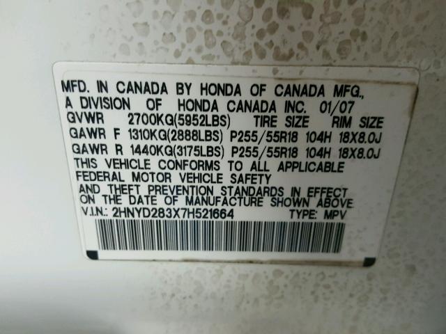 2HNYD283X7H521664 - 2007 ACURA MDX TECHNO WHITE photo 10