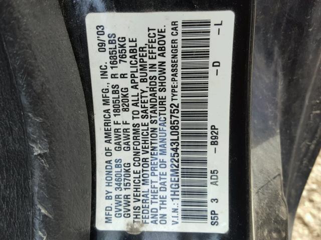 1HGEM22543L085752 - 2003 HONDA CIVIC LX BLACK photo 10