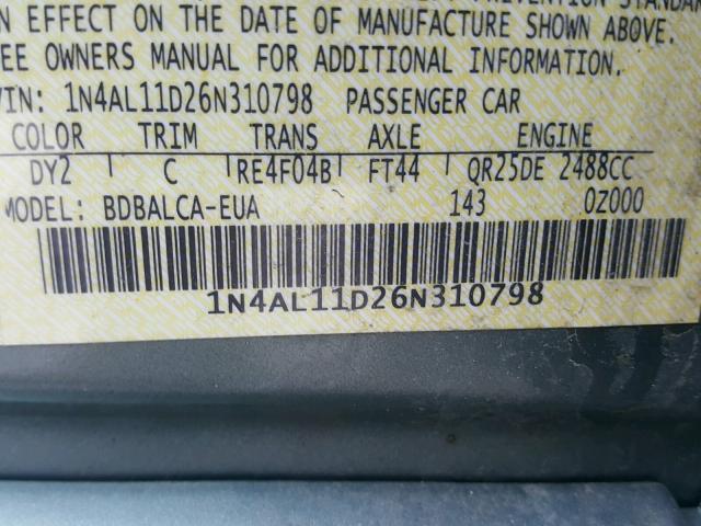 1N4AL11D26N310798 - 2006 NISSAN ALTIMA S GREEN photo 10