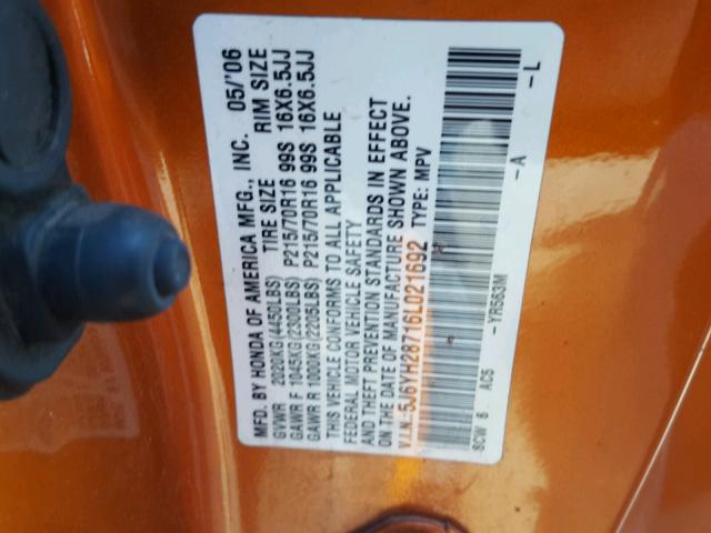 5J6YH28716L021692 - 2006 HONDA ELEMENT EX ORANGE photo 10