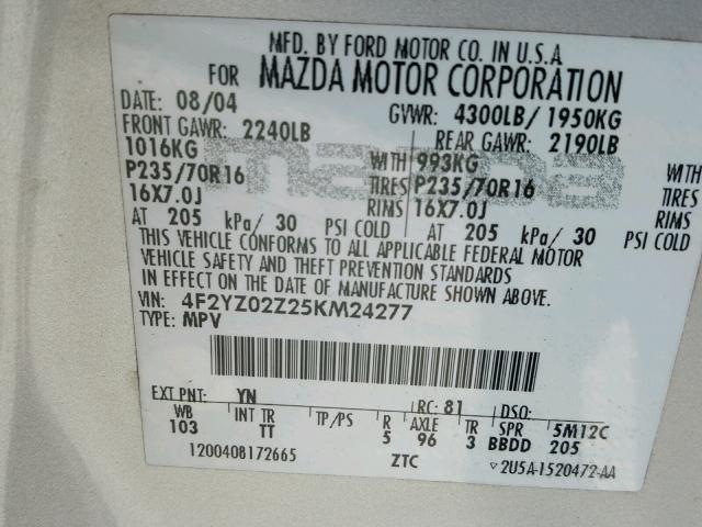 4F2YZ02Z25KM24277 - 2005 MAZDA TRIBUTE I SILVER photo 10