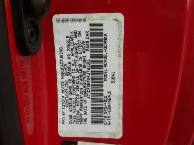 4T1CE38PX4U791181 - 2004 TOYOTA CAMRY SOLA RED photo 10