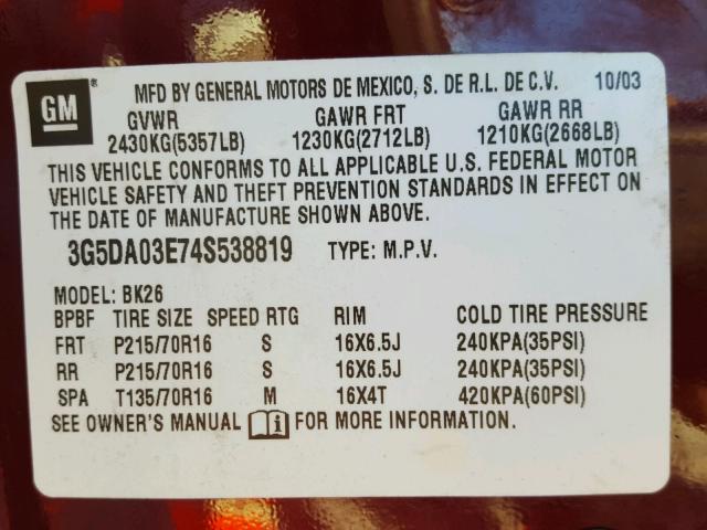 3G5DA03E74S538819 - 2004 BUICK RENDEZVOUS MAROON photo 10