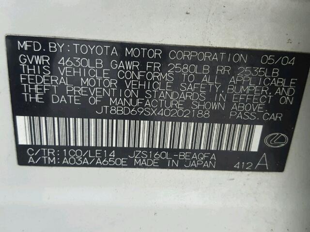 JT8BD69SX40202188 - 2004 LEXUS GS 300 SILVER photo 10