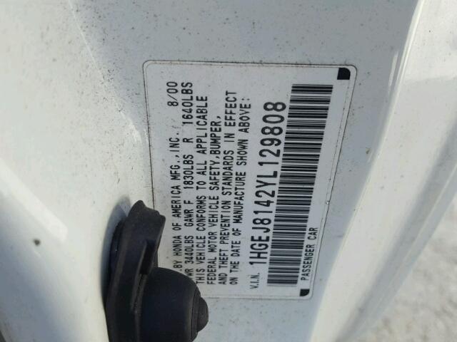 1HGEJ8142YL129808 - 2000 HONDA CIVIC EX WHITE photo 10