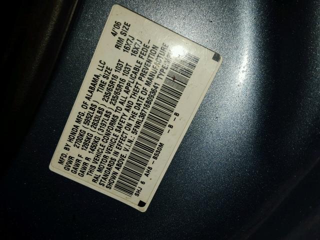 5FNRL38716B093641 - 2006 HONDA ODYSSEY EX BLUE photo 10