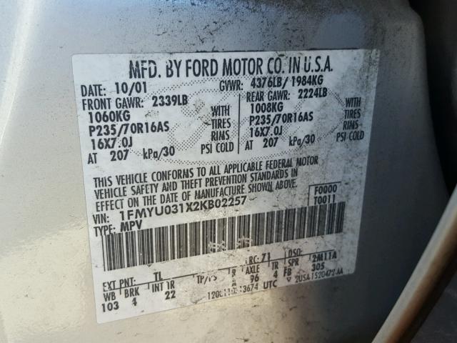 1FMYU031X2KB02257 - 2002 FORD ESCAPE XLT SILVER photo 10