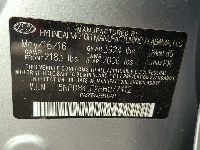 5NPD84LFXHH077412 - 2017 HYUNDAI ELANTRA SE SILVER photo 10