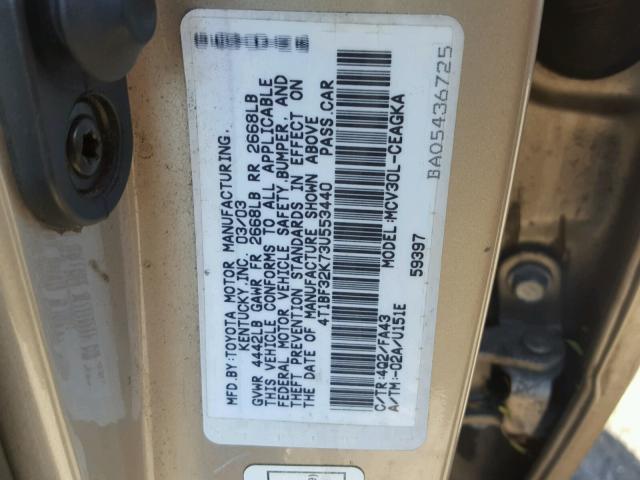 4T1BF32K73U553440 - 2003 TOYOTA CAMRY LE GOLD photo 10