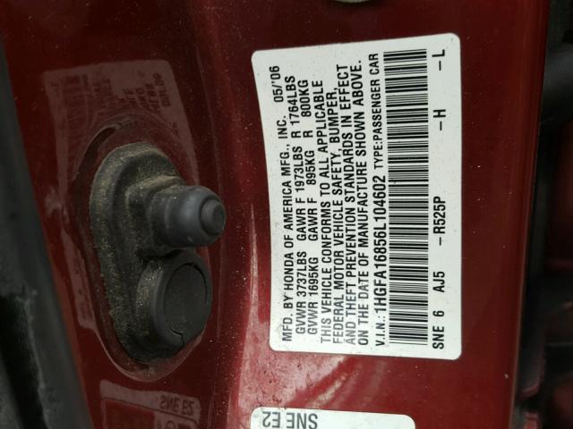 1HGFA16856L104602 - 2006 HONDA CIVIC EX MAROON photo 10