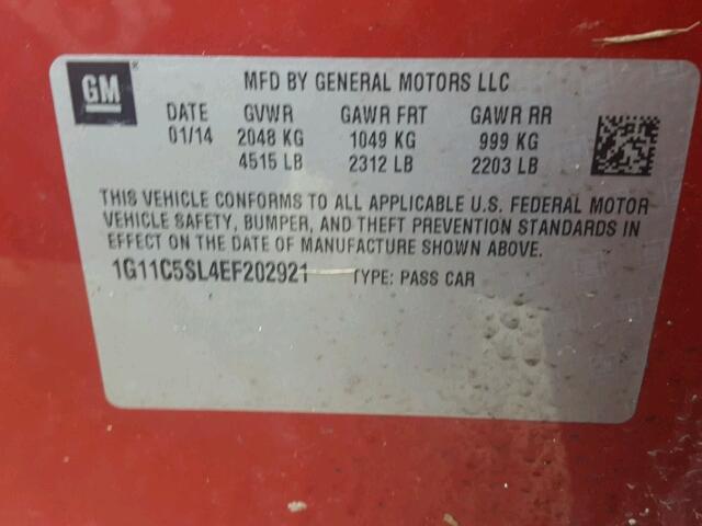 1G11C5SL4EF202921 - 2014 CHEVROLET MALIBU 1LT 红色 照片 10